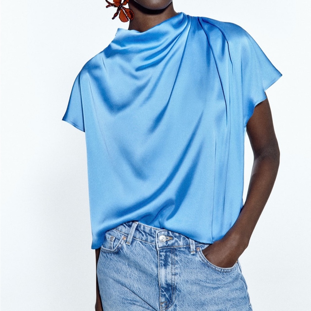 Zara ice blue GATHERED SATIN EFFECT TOP l MEDIUM